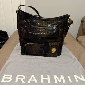 Brahmin Croc Embossed Black Leather Tote Shoulder Bag Purse